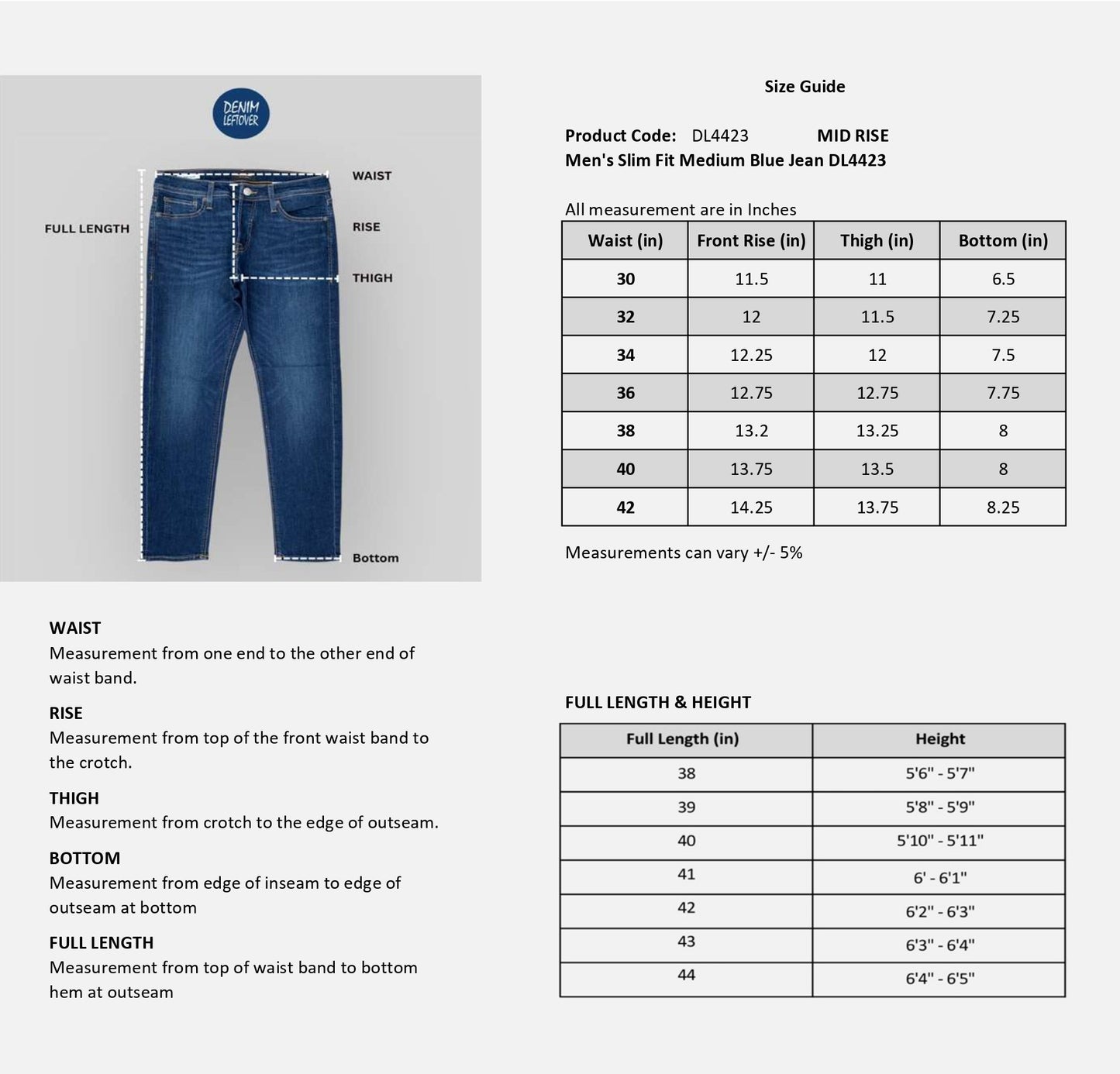 Men's Slim Fit Medium Blue Jean DL4423 (Minor Fault)