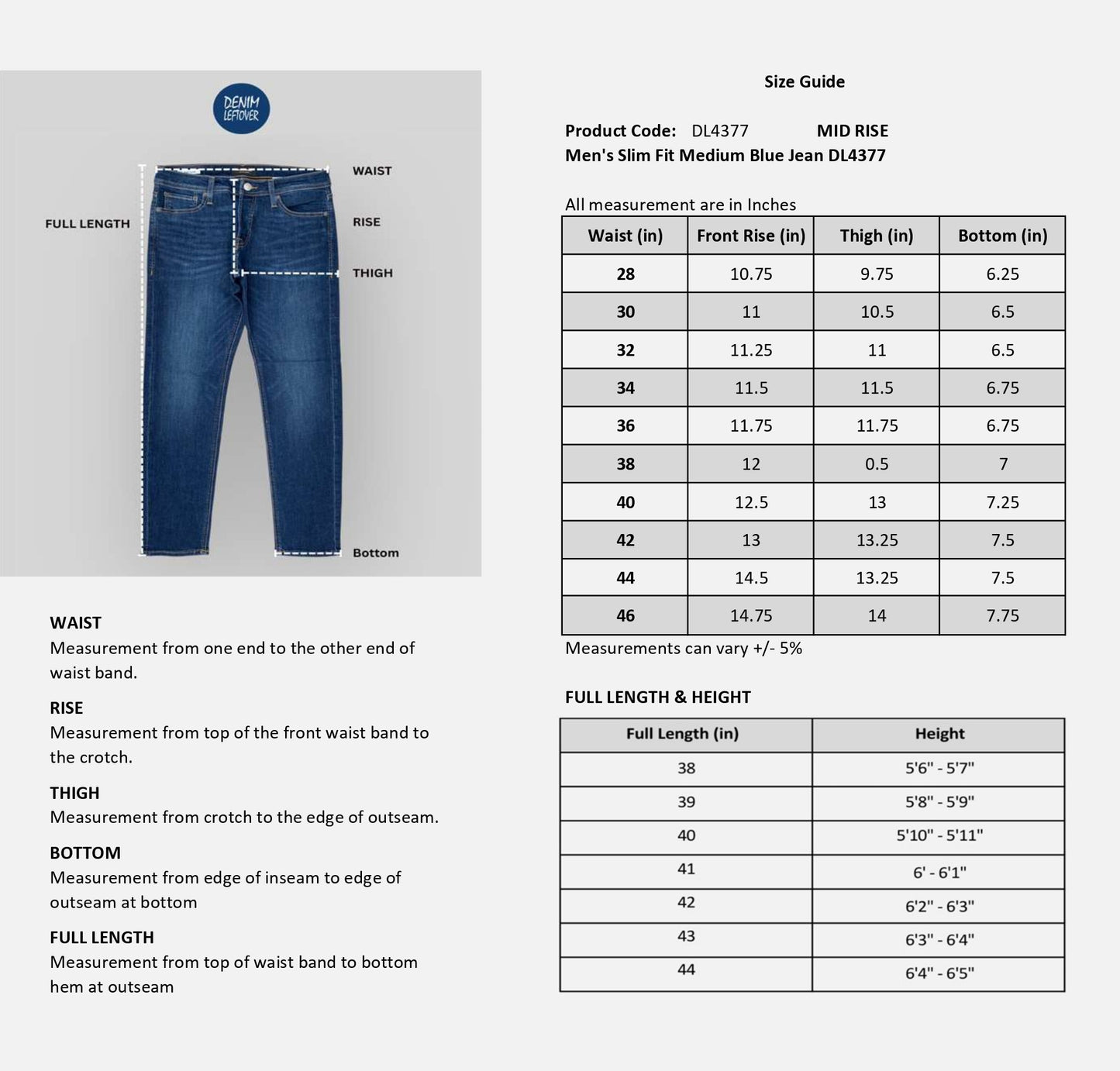 Men's Slim Fit Medium Blue Jean DL4377 (Minor Fault)