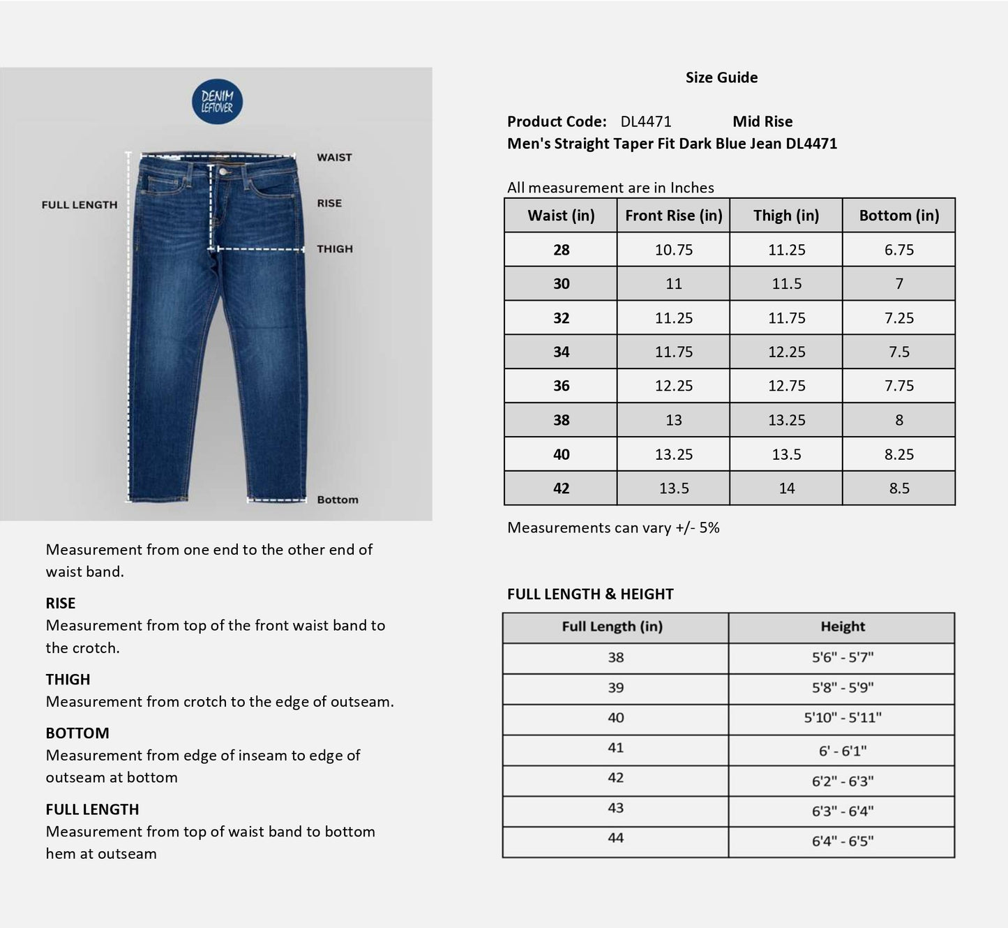 Men's Straight Taper Fit Dark Blue Jean DL4471 (Minor Fault)