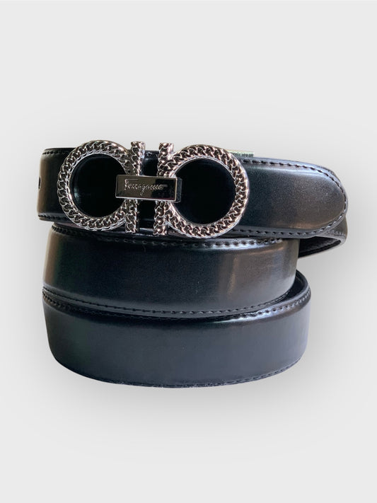 G-Shaped Silver-Metallic Buckle Black Synthetic Leather Belt DLB4013